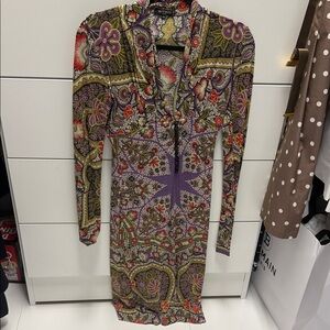Etro Multicolor Paisley Long-Sleeve V-Neck Dress